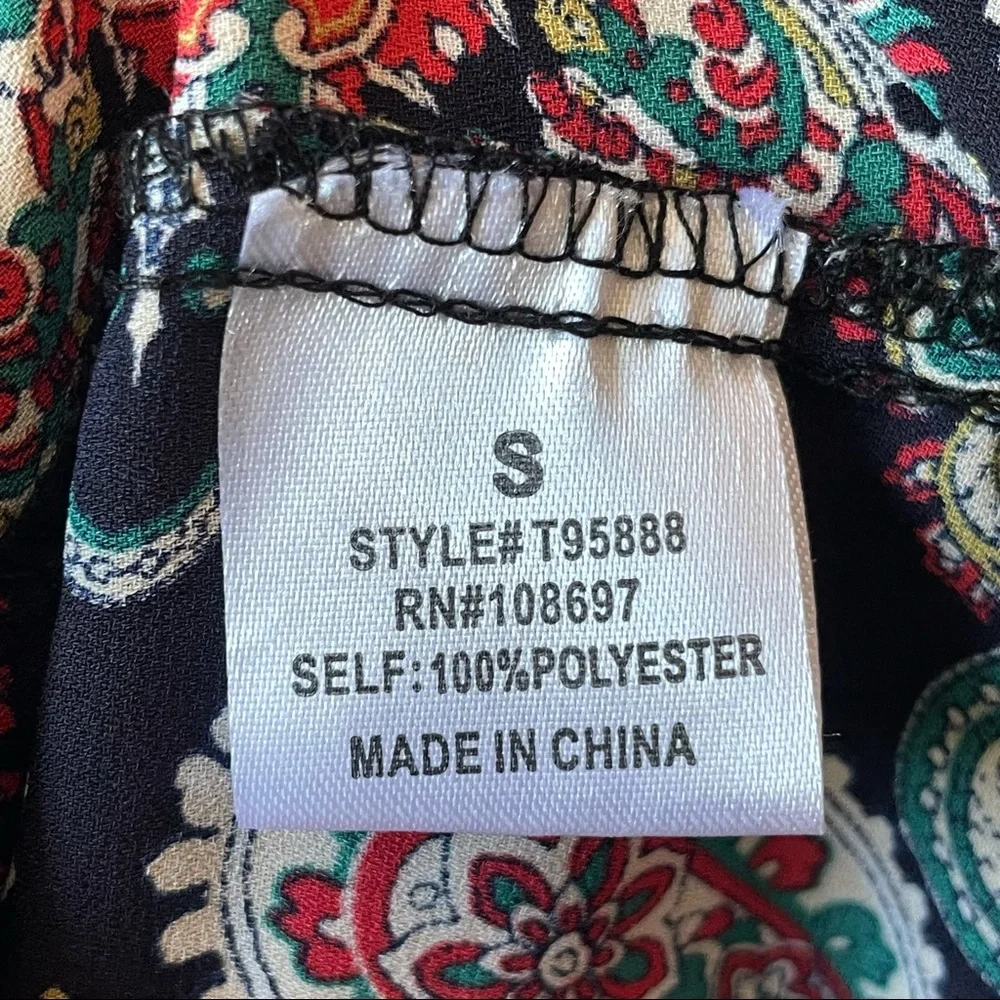 Alice Blue Black Multicolor Paisley Floral Print Split Neck Long Sleeve Top - Picture 12 of 14